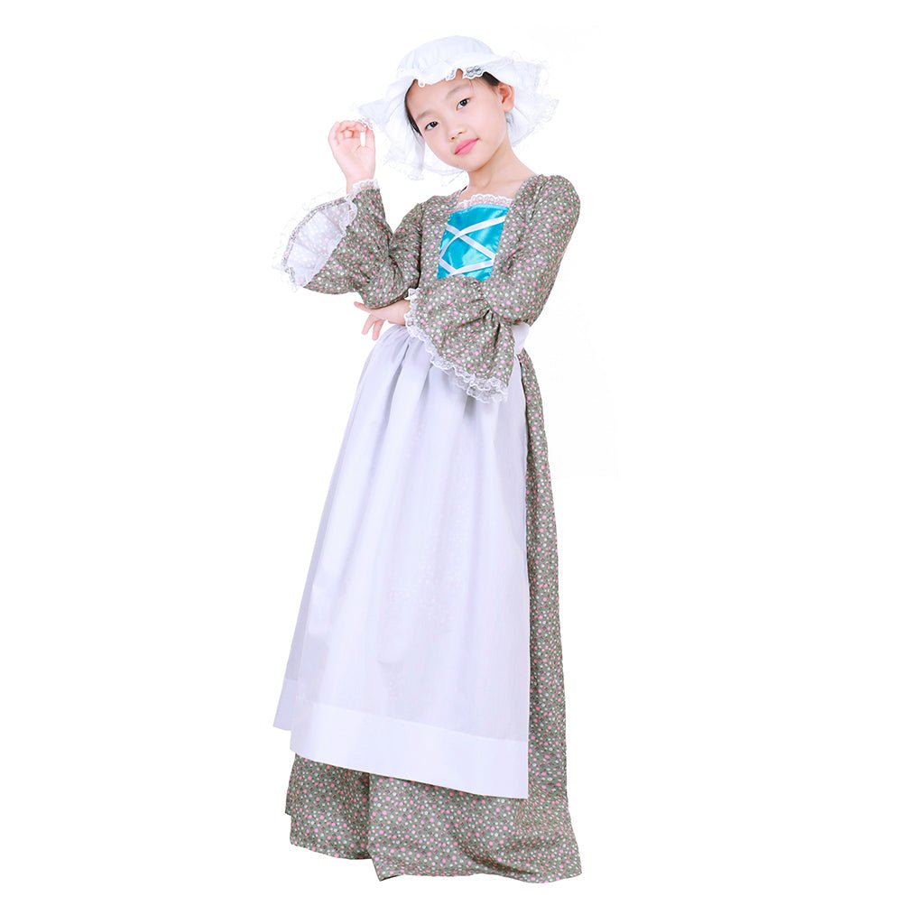Fantasia de Empregada Colonial Pioneira Prairie para Meninas - Vestido de Cosplay Vitoriano Medieval com Chapéu para Crianças - Estrela Cosplay