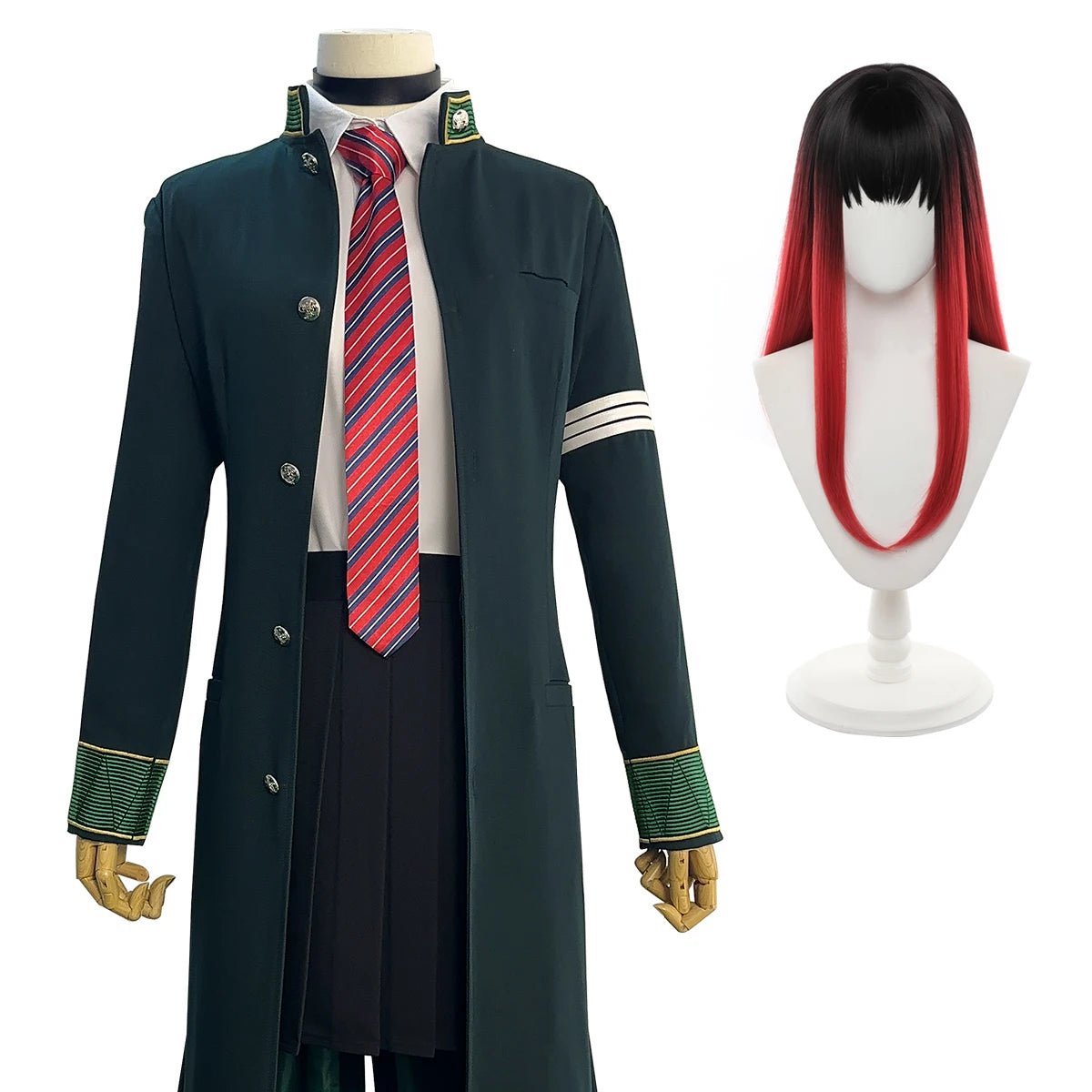 Casaco Longo Verde de Tasuku Tsubakino de Wind Breaker, Peruca, Saia, Camisa Branca, Gargantilha, Gravata e Laço - Estrela Cosplay