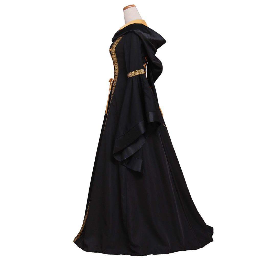 Vestido Longo Gótico Renascentista com Capuz Preto para Mulheres - Fantasia Halloween, Baile Medieval, Traje de Rainha Gótica - Feito Sob Medida - Estrela Cosplay