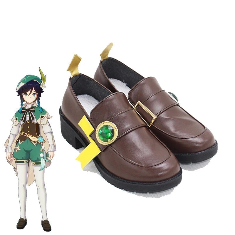 Jogo Genshin Impact Venti Sapatos Cosplay Barbatos Couro Salto Alto Sapatos Cosplay Halloween Sapatos de Couro Marrom Cosplay - Estrela Cosplay