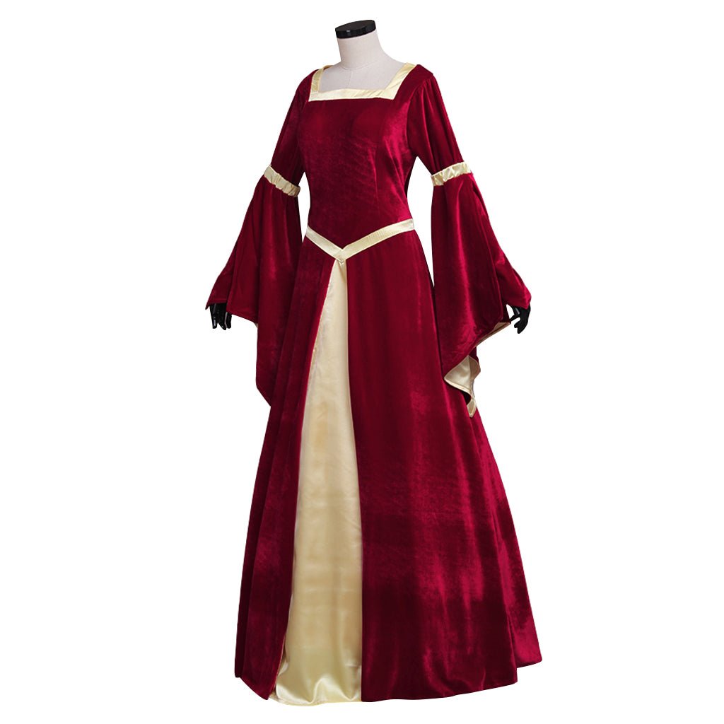 Vestido Medieval Personalizado em Veludo Vermelho Escuro com Forro Amarelo e Mangas Trombeta para Mulheres | Vestido de Casamento, Fantasia para Festa de Halloween - Estrela Cosplay