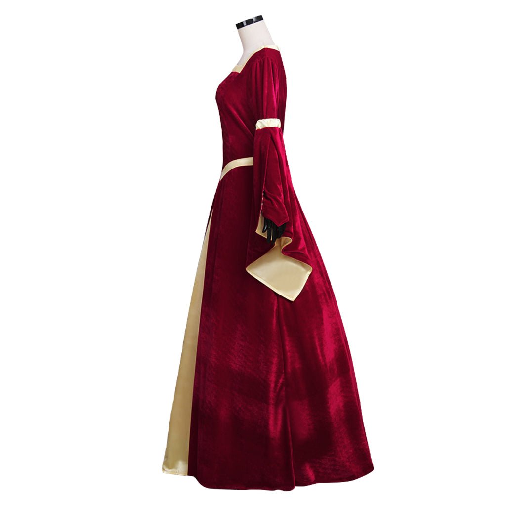 Vestido Medieval Personalizado em Veludo Vermelho Escuro com Forro Amarelo e Mangas Trombeta para Mulheres | Vestido de Casamento, Fantasia para Festa de Halloween - Estrela Cosplay