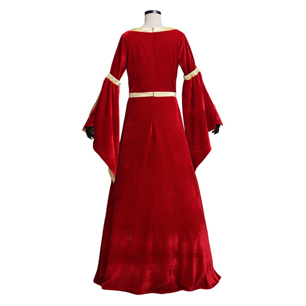Vestido Medieval de Veludo Vermelho e Amarelo com Mangas Trompete | Traje para Casamentos e Festas Temáticas - Estrela Cosplay