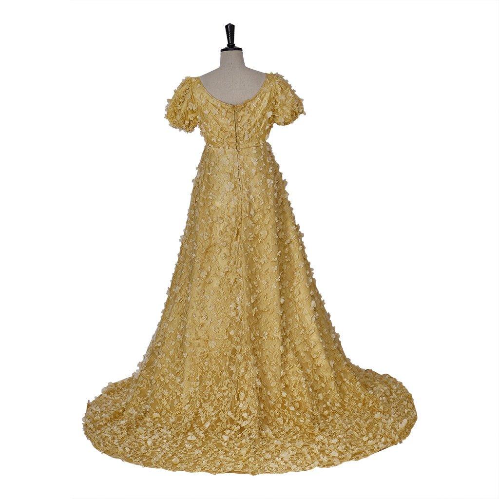 Vestido Império de Seda Dourado Padronizado - Cosplay Bridgerton, Halloween, Natal, Festas de Chá e Eventos de Salão - Estrela Cosplay