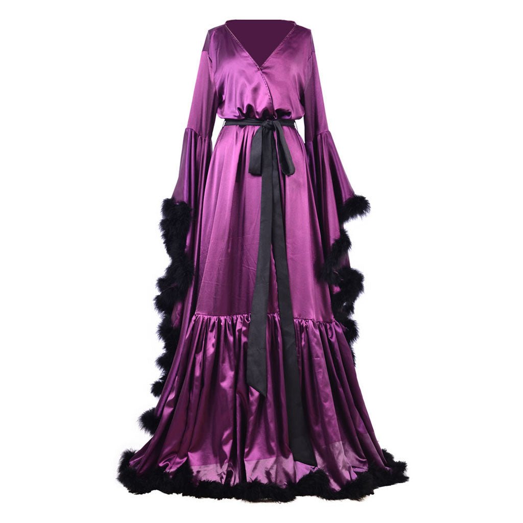 Robe Medieval para Damas Pijama Vintage Noivado Longo Robe de Noiva Boudoir Roxo Vestido de Noite Luxuoso Quimono com Bordas de Penas - Estrela Cosplay