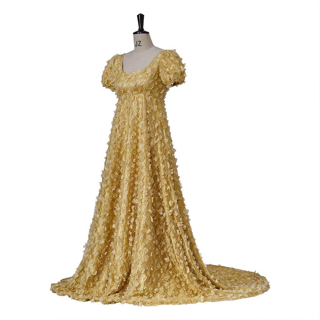 Vestido Império de Seda Dourado Padronizado - Cosplay Bridgerton, Halloween, Natal, Festas de Chá e Eventos de Salão - Estrela Cosplay