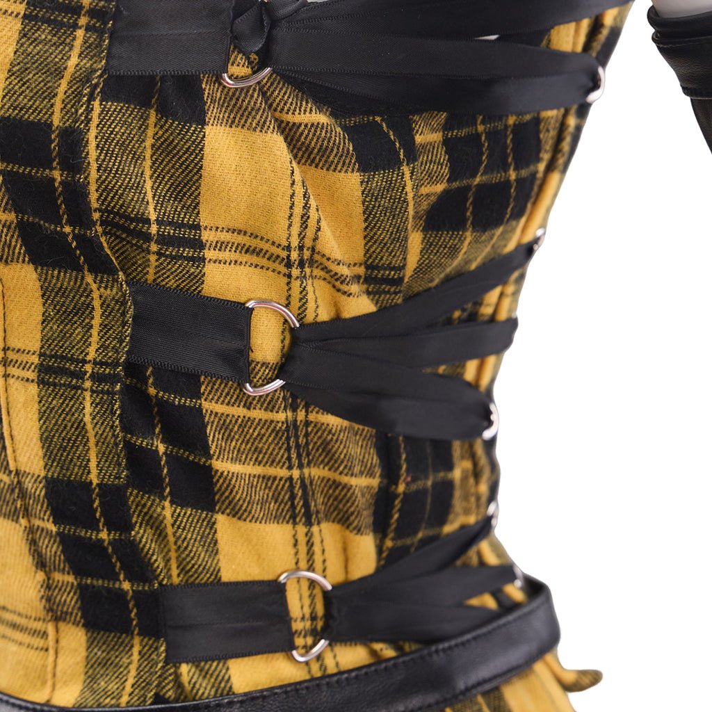 Vestido Longo Xadrez Amarelo Punk Rock com Mangas de Couro para Mulheres - Estrela Cosplay