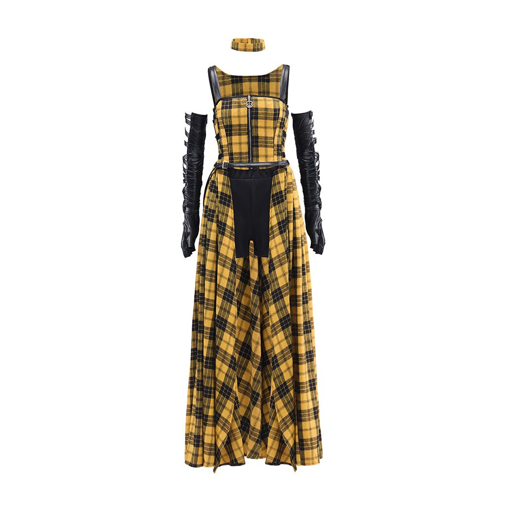 Vestido Longo Xadrez Amarelo Punk Rock com Mangas de Couro para Mulheres - Estrela Cosplay