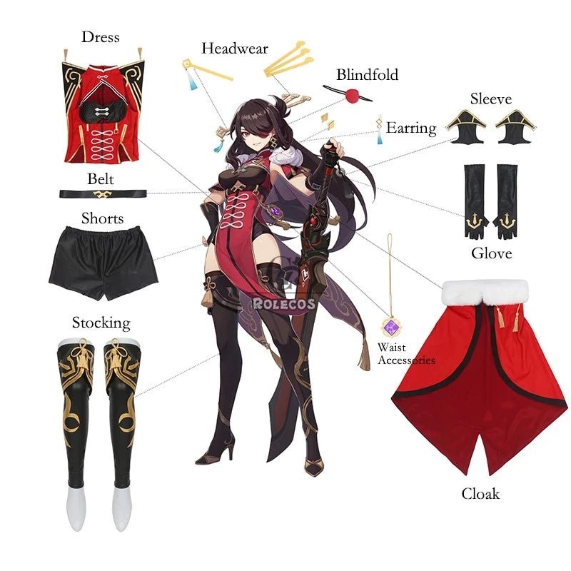 Fantasia de Beidou de Genshin Impact para Mulher - Conjunto Completo Preto e Vermelho - Estrela Cosplay