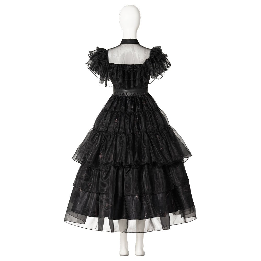 Fantasia Wednesday Addams Vestido Preto para Adultos com Sapatos - Perfeito para Halloween, Carnaval e Festas - Estrela Cosplay