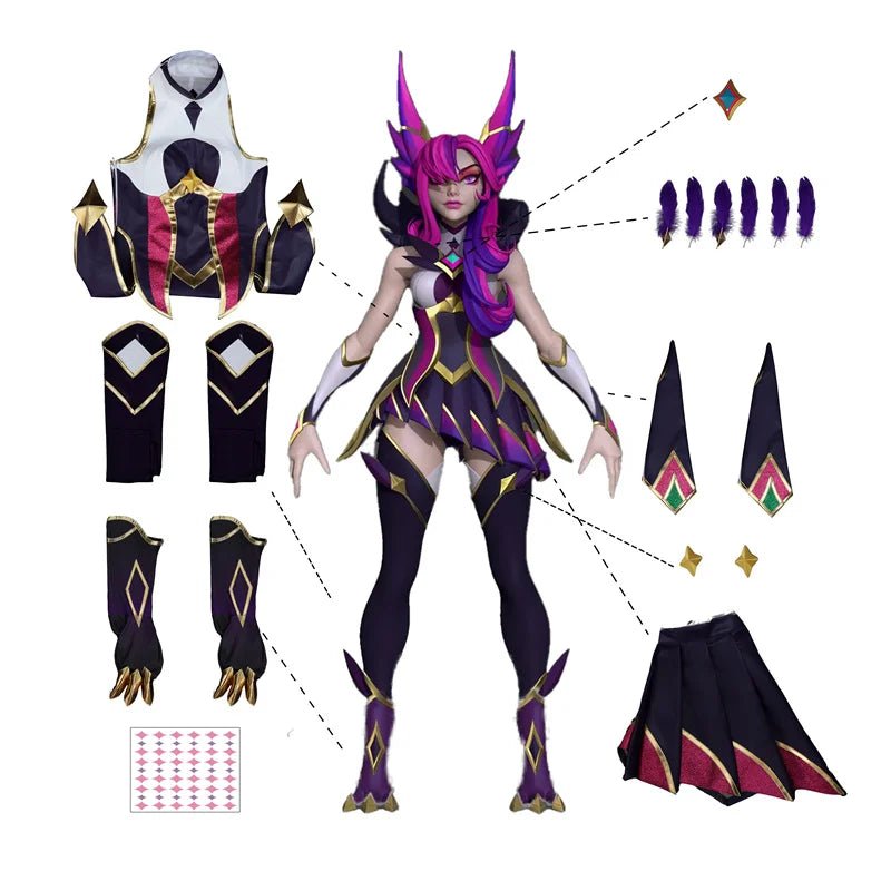 Fantasia Cosplay Xayah Guardião Estelar - Traje Feminino com Capa para Halloween e Carnaval - Estrela Cosplay
