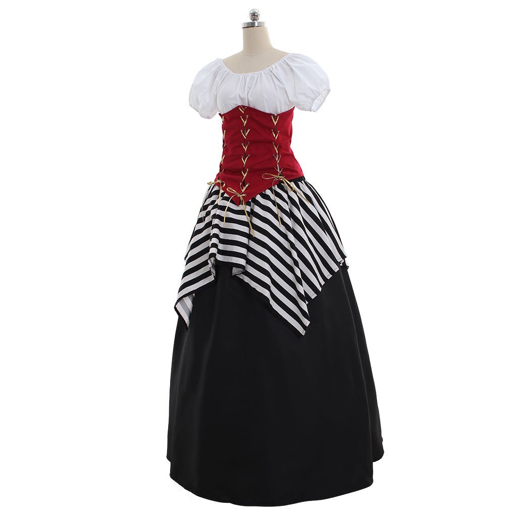 Vestido Pirata Medieval Renascentista Vitoriano Vermelho e Preto para Cosplay, Halloween e Carnaval - Estrela Cosplay