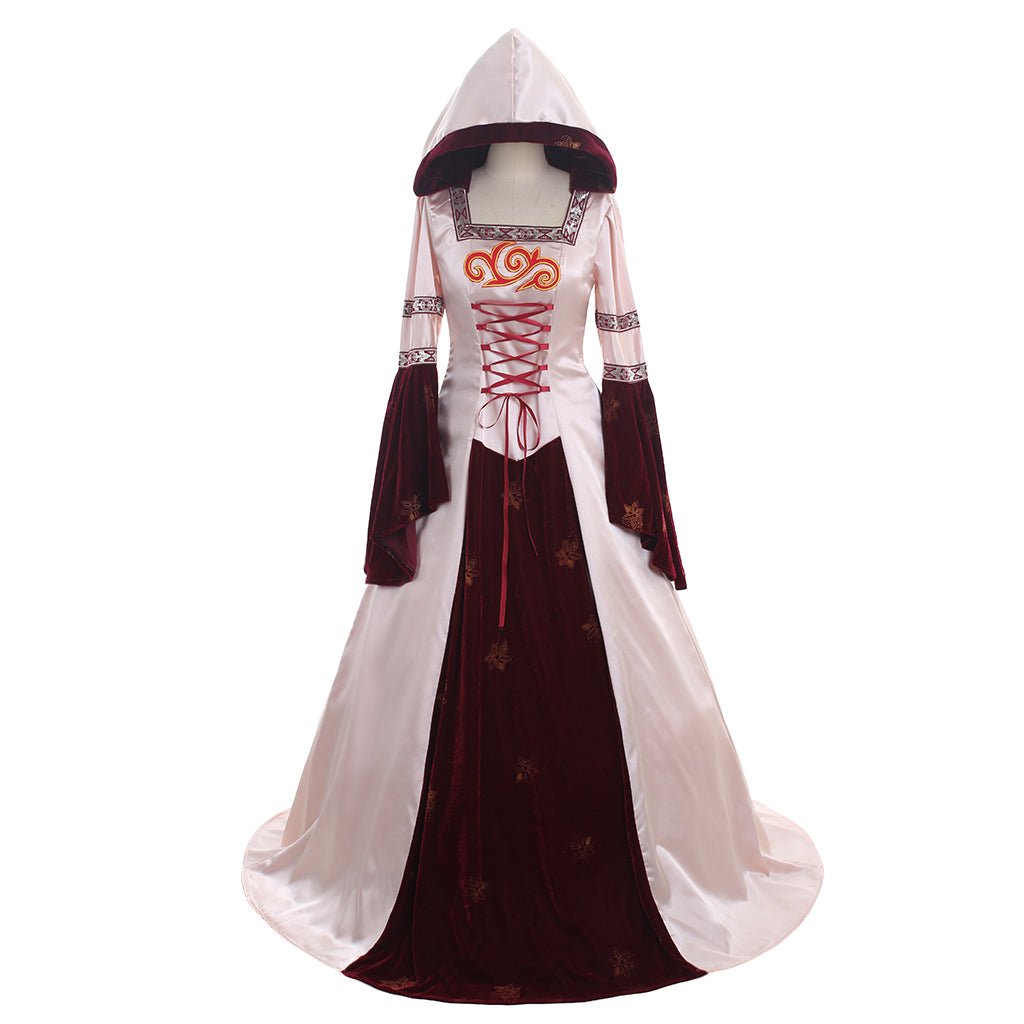 Vestido Medieval Cosplay Mangas Longas Rosa Vestido de Baile Satinado/Veludo com Capuz Feito Sob Medida - Estrela Cosplay