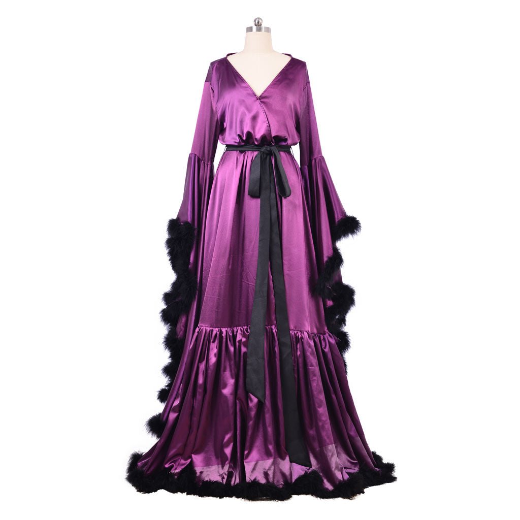 Robe Medieval para Damas Pijama Vintage Noivado Longo Robe de Noiva Boudoir Roxo Vestido de Noite Luxuoso Quimono com Bordas de Penas - Estrela Cosplay