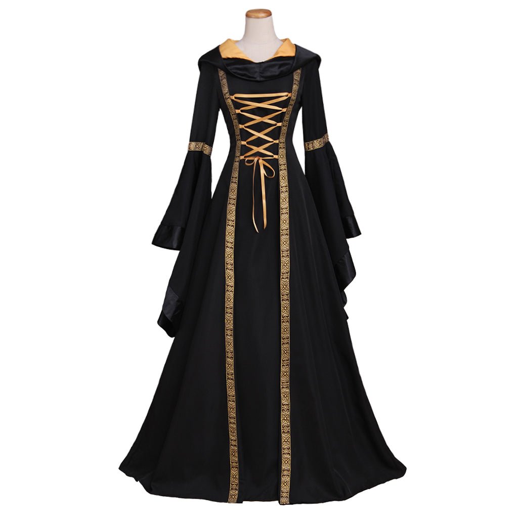 Vestido Longo Gótico Renascentista com Capuz Preto para Mulheres - Fantasia Halloween, Baile Medieval, Traje de Rainha Gótica - Feito Sob Medida - Estrela Cosplay