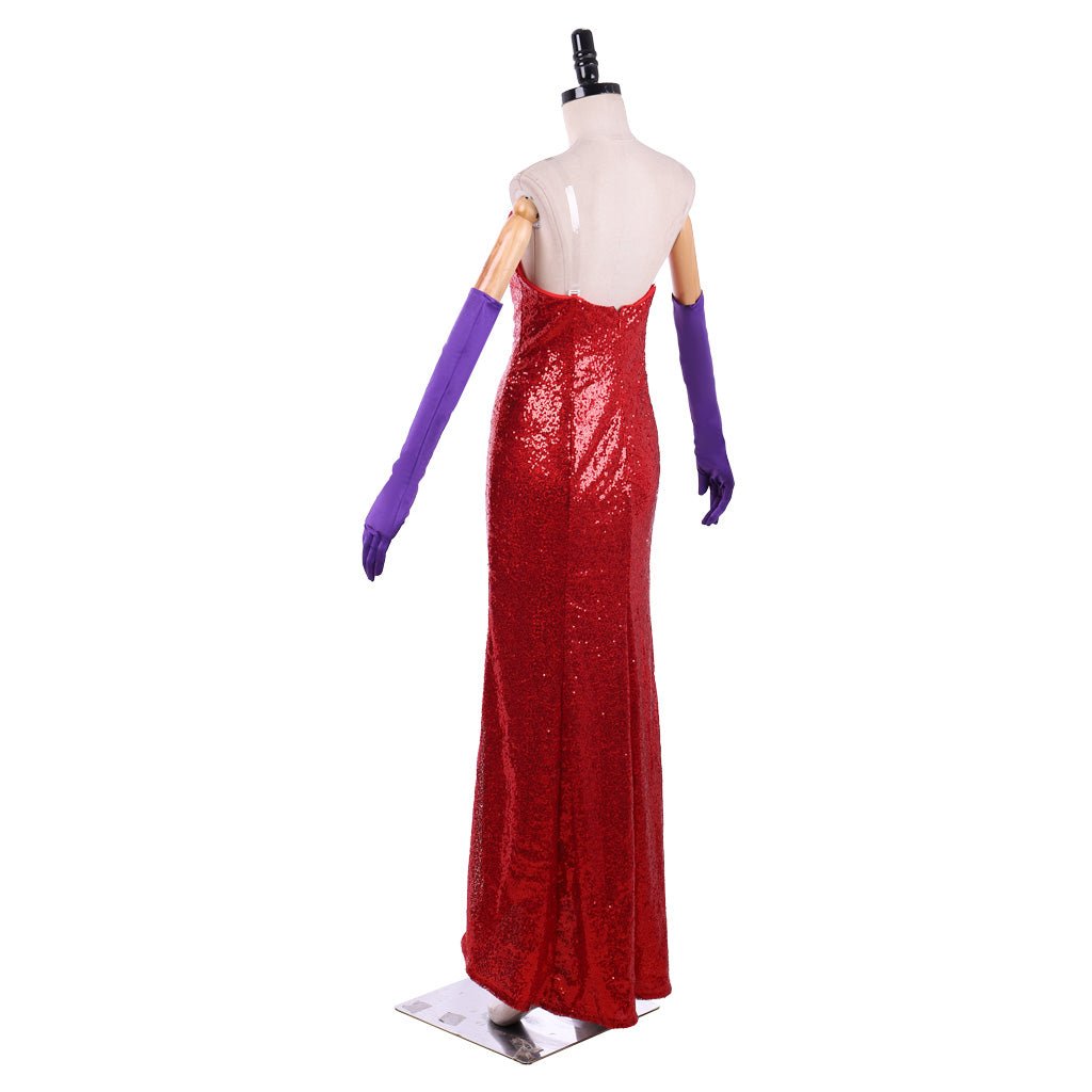 Vestido de Cosplay Vermelho com Lantejoulas de Jessica Rabbit com Fenda Alta e Luvas Roxas - Estrela Cosplay