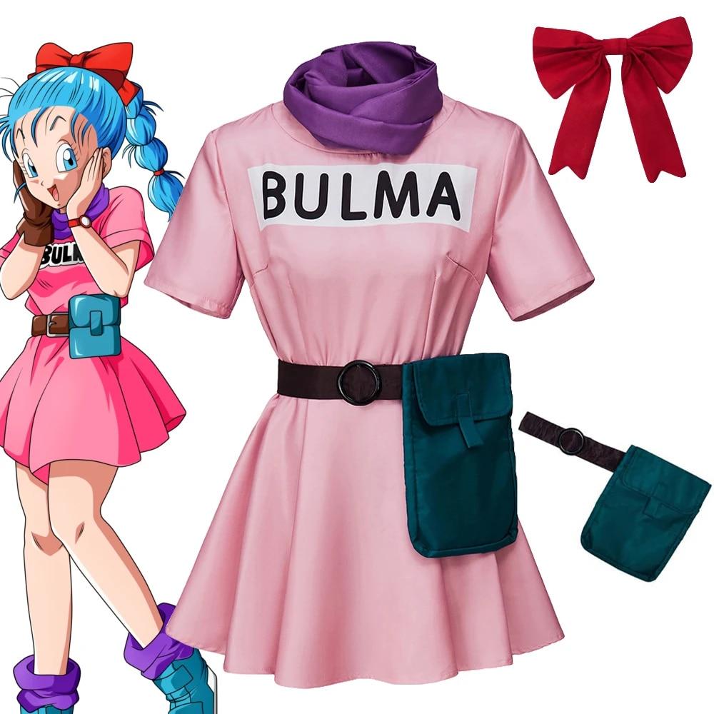 Vestido de Cosplay Bulma Rosa de Anime com Acessórios - Estrela Cosplay