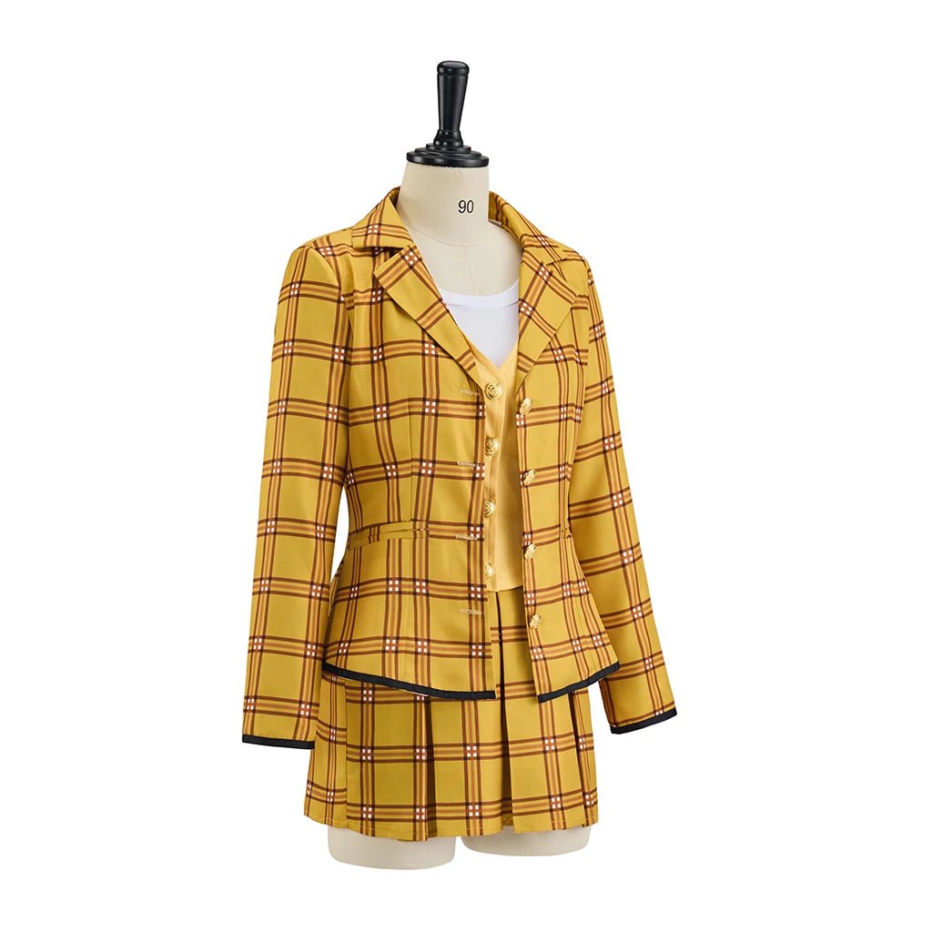 Fantasia de Cher Horowitz de Clueless - Uniforme Escolar Xadrez Amarelo Completo - Estrela Cosplay