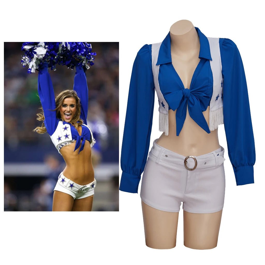 Fantasia de Cheerleader Dallas Cowboy - Colete, Camisa, Shorts e Cinto - Estrela Cosplay