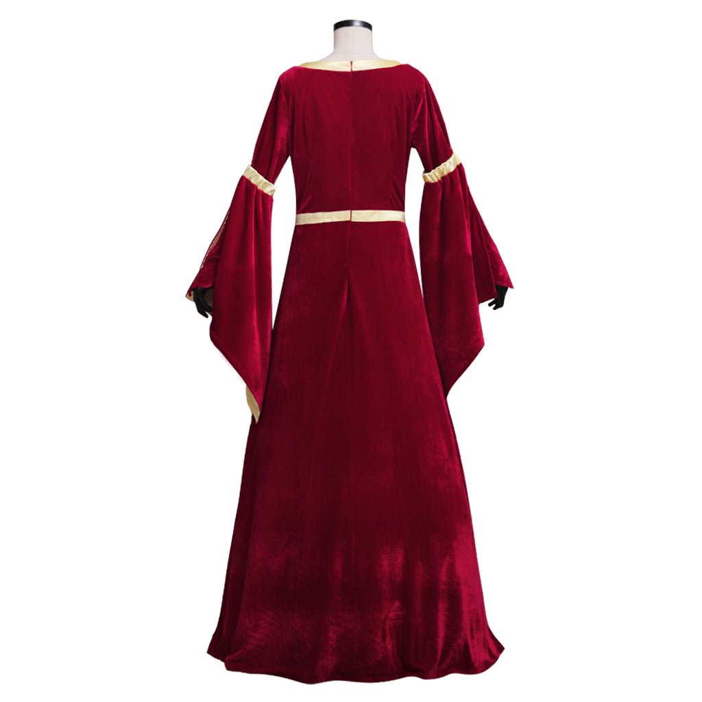 Vestido Medieval Personalizado em Veludo Vermelho Escuro com Forro Amarelo e Mangas Trombeta para Mulheres | Vestido de Casamento, Fantasia para Festa de Halloween - Estrela Cosplay