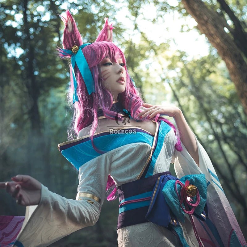 Fantasia de Ahri Spirit Blossom de LOL - Conjunto Completo de Kimono Feminino e Peruca - Estrela Cosplay