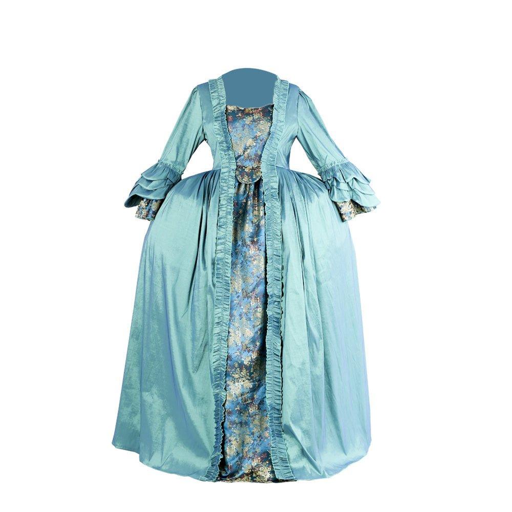 Vestido Rococó Azul do Século 18 - Deluxe Brocado Azul Profundo com Bordados e Renda - Estrela Cosplay