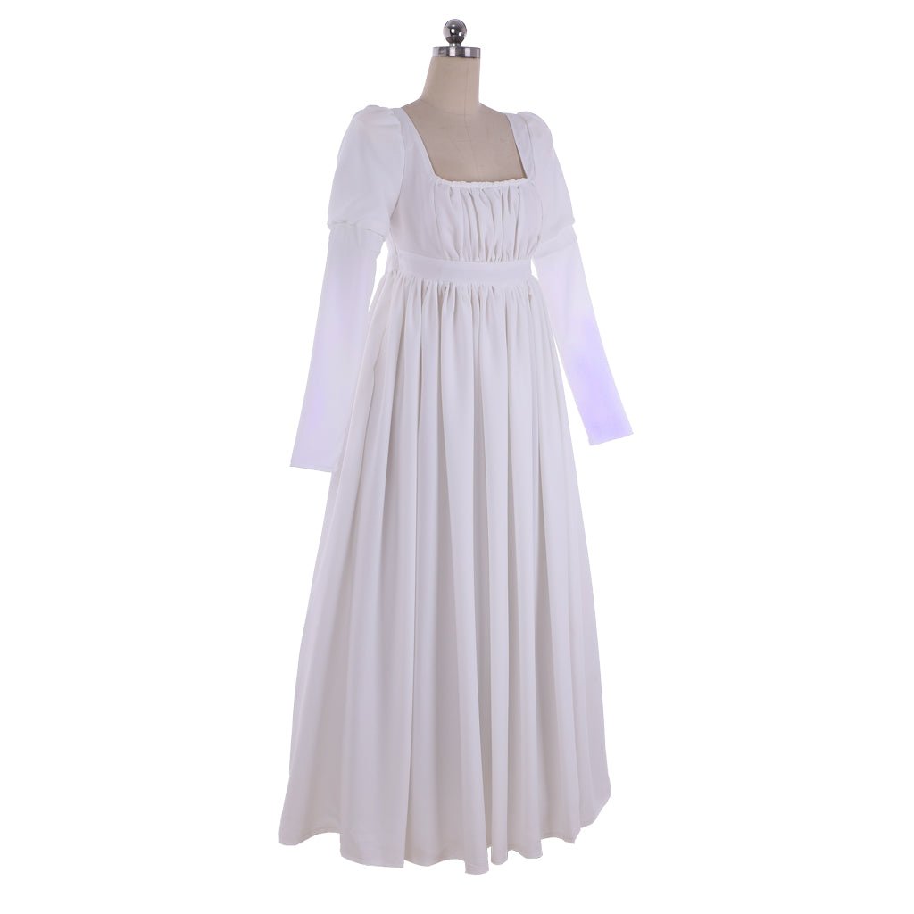 Elegante Vestido Regência Branco para Mulheres - Estilo Clássico Jane Austen, Vestido de Baile com Cintura Alta, Traje Medieval para Casamento - Estrela Cosplay