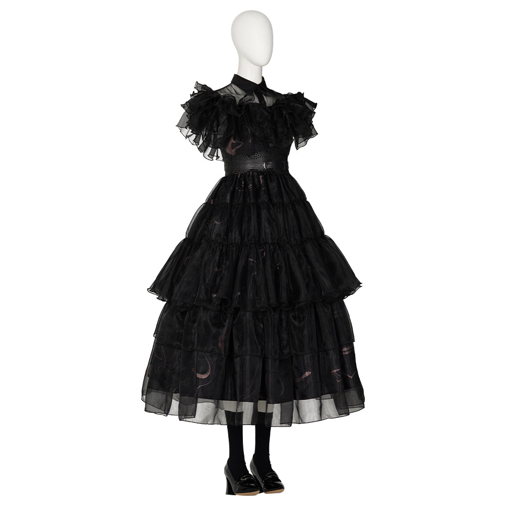 Fantasia Wednesday Addams Vestido Preto para Adultos com Sapatos - Perfeito para Halloween, Carnaval e Festas - Estrela Cosplay