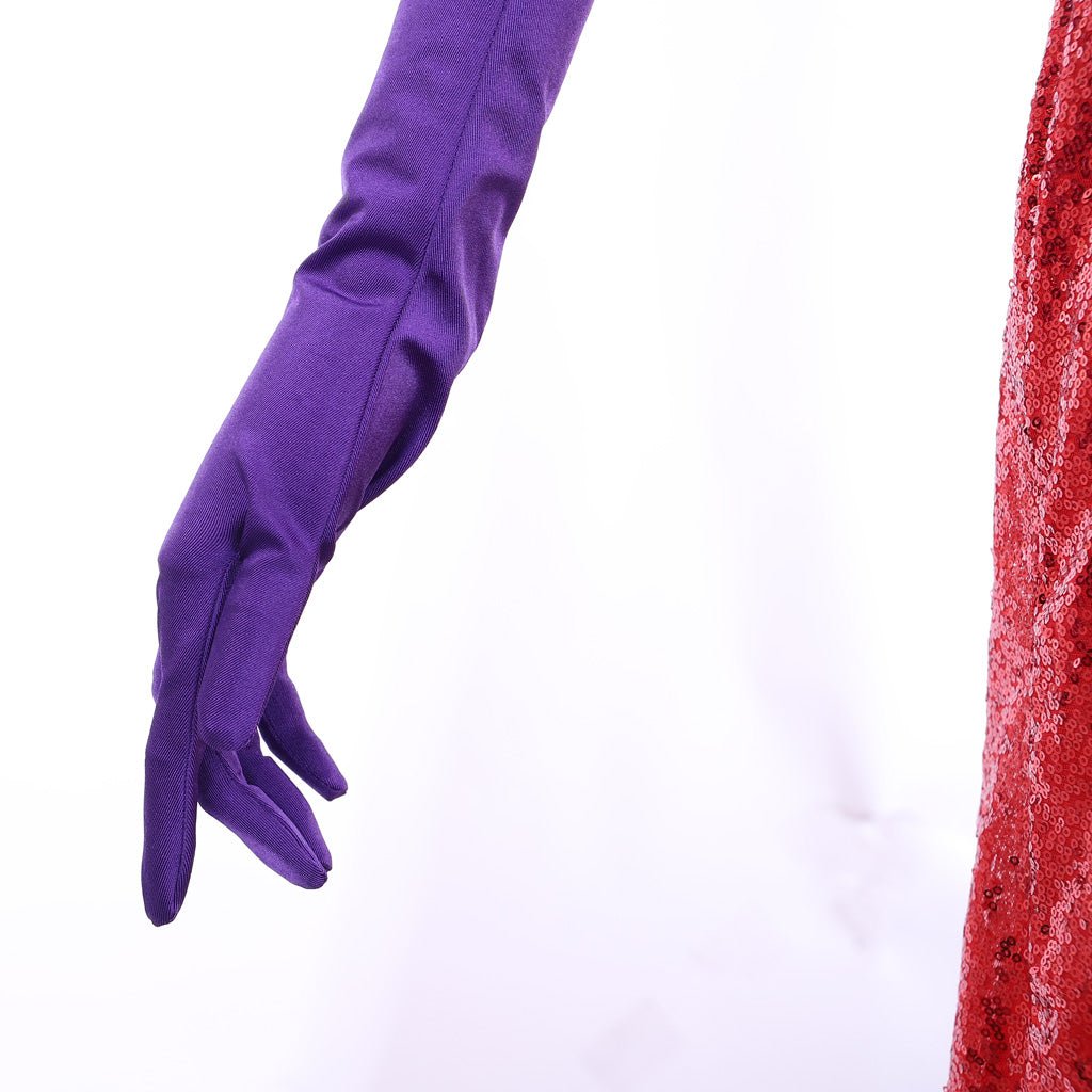 Vestido de Cosplay Vermelho com Lantejoulas de Jessica Rabbit com Fenda Alta e Luvas Roxas - Estrela Cosplay