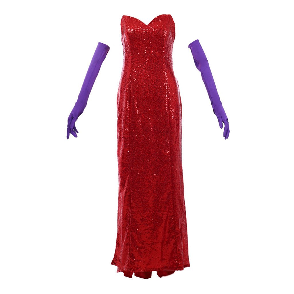 Vestido de Cosplay Vermelho com Lantejoulas de Jessica Rabbit com Fenda Alta e Luvas Roxas - Estrela Cosplay