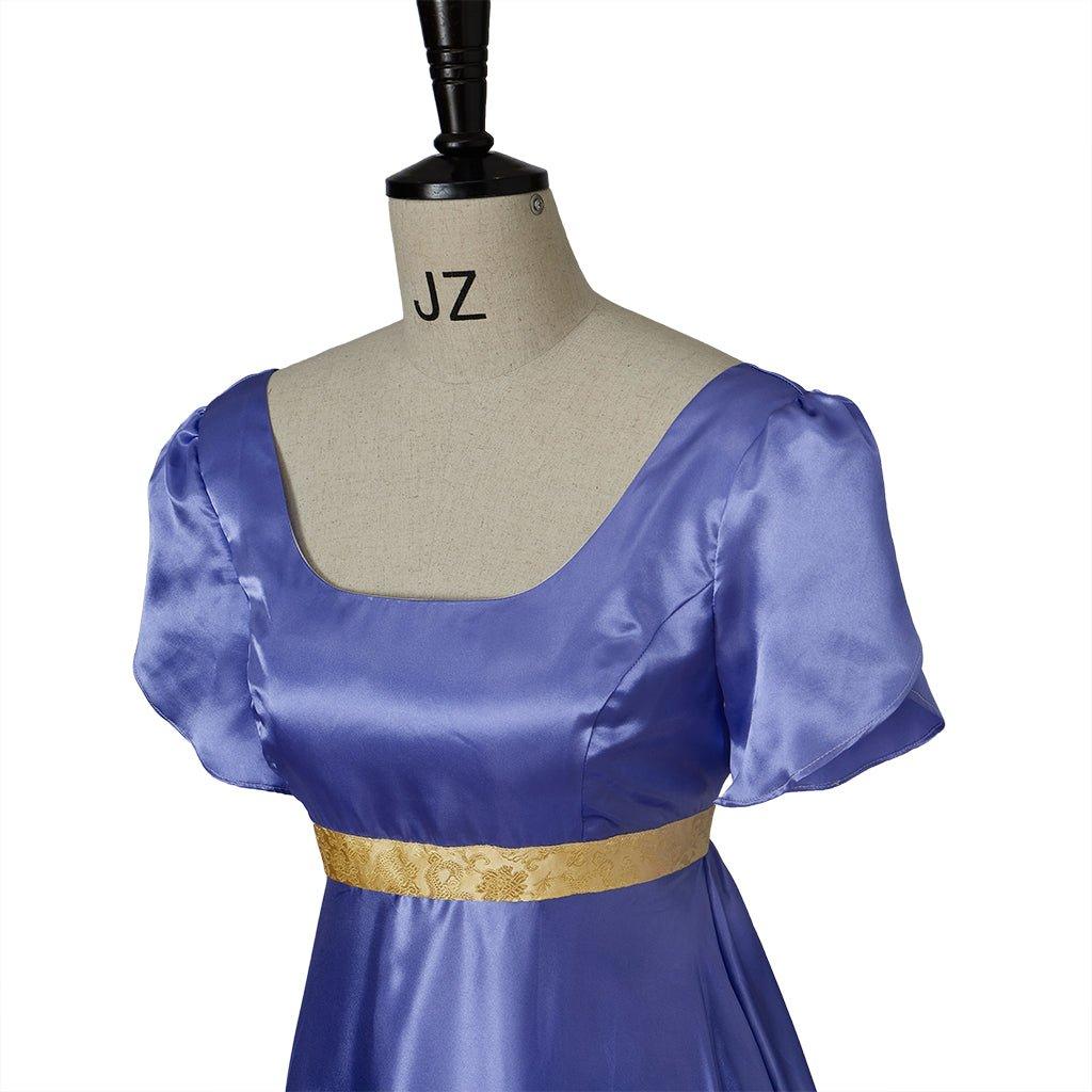 Vestido Império Medieval Tradicional - Fantasia Bridgerton em Tecido de Seda Azul-Roxo - Estrela Cosplay