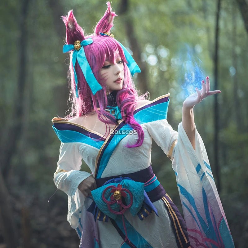 Fantasia de Ahri Spirit Blossom de LOL - Conjunto Completo de Kimono Feminino e Peruca - Estrela Cosplay