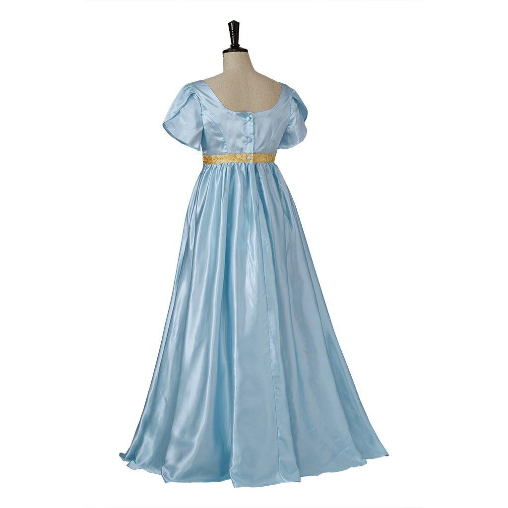 Vestido de Cosplay Regencia Medieval Bridgerton em Azul Claro com Cintura Dourada - Estrela Cosplay