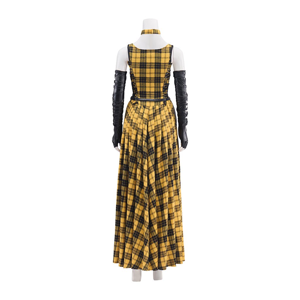 Vestido Longo Xadrez Amarelo Punk Rock com Mangas de Couro para Mulheres - Estrela Cosplay
