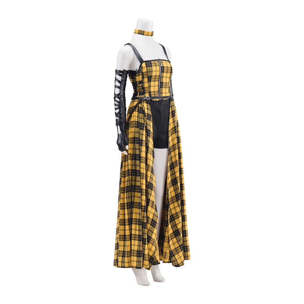 Vestido Longo Xadrez Amarelo Punk Rock com Mangas de Couro para Mulheres - Estrela Cosplay