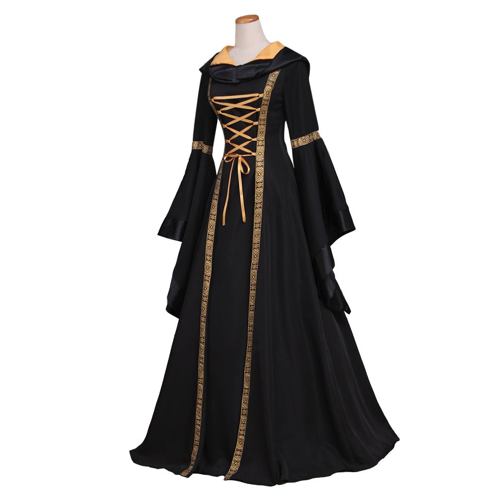 Vestido Longo Gótico Renascentista com Capuz Preto para Mulheres - Fantasia Halloween, Baile Medieval, Traje de Rainha Gótica - Feito Sob Medida - Estrela Cosplay