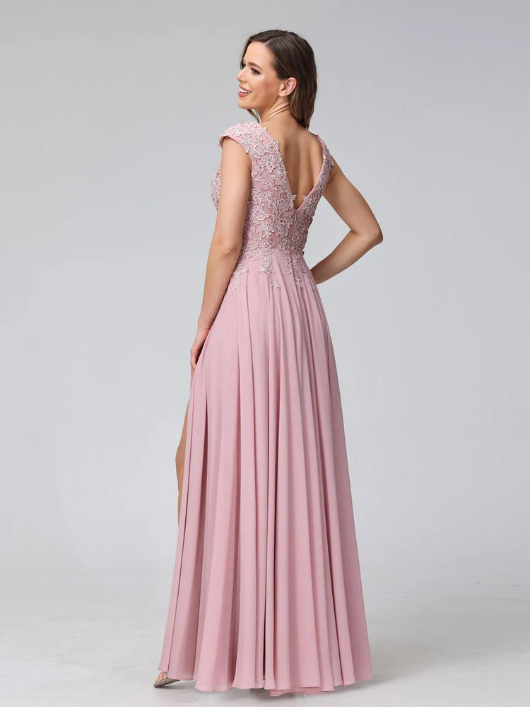 A-Line/Princess V-Neck Sleeveless Chiffon LongBridemaid Dresses With Applique Split Side - QUGEX