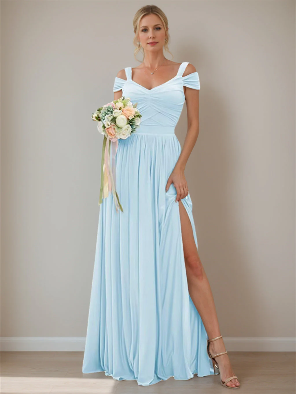 A-Line/Princess Off-the-shoulder Sleeveless Floor   Length Bridesmaid Dresses  Chiffon with Ruffles - QUGEX