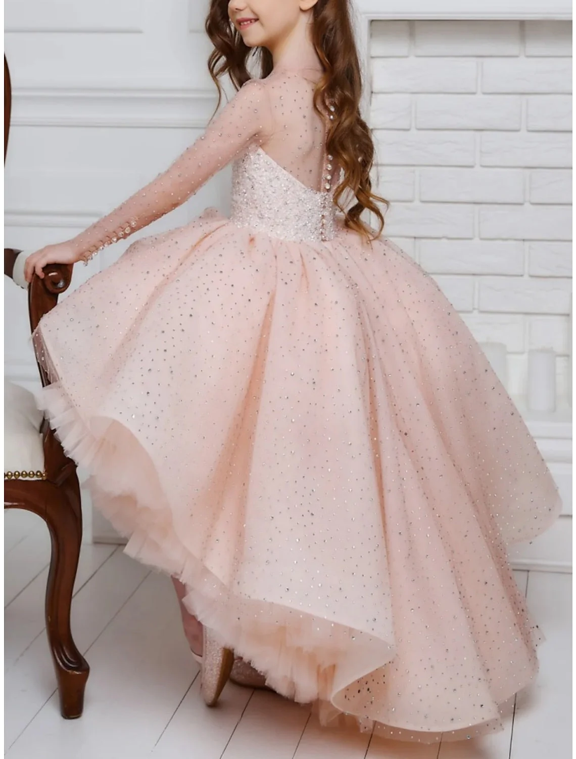 A-Line/Princess Asymmetrical High Low Flower Girl Dresses with Beading - QUGEX