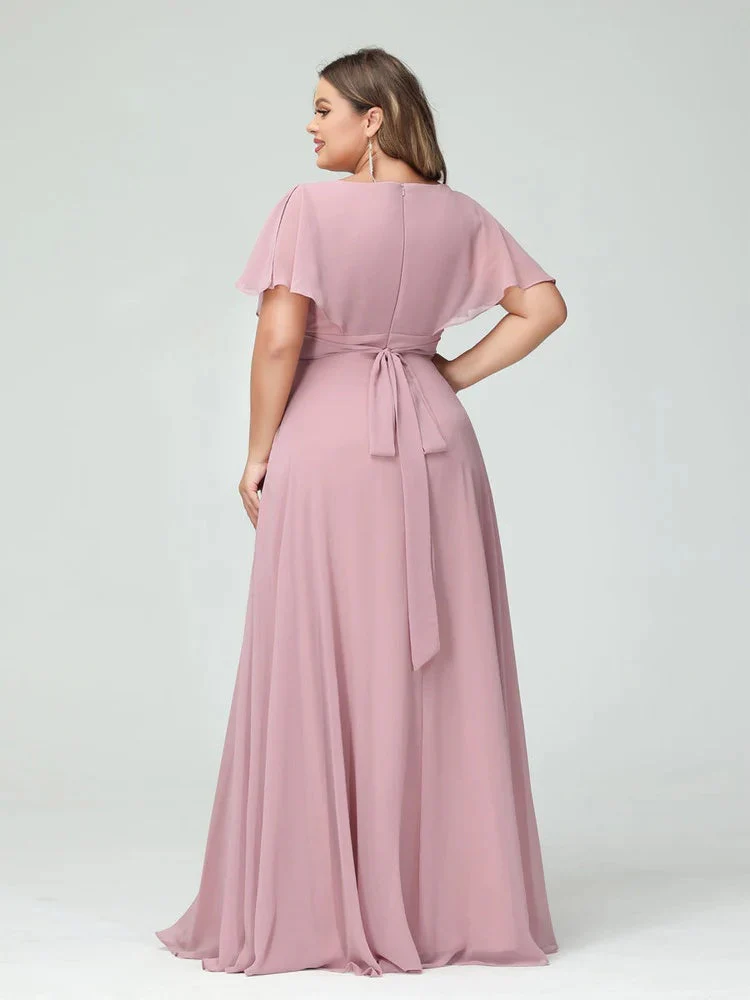 A-Line/Princess V-Neck Short Sleeves Chiffon Plus Size Bridesmaid Dresses with Pockets - QUGEX