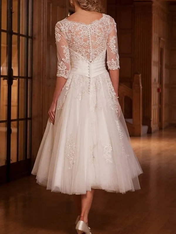 A-Line/Princess Lace Tulle Illusion Neck 3/4 Length Sleeve Tea Length Appliques Wedding Dress - QUGEX