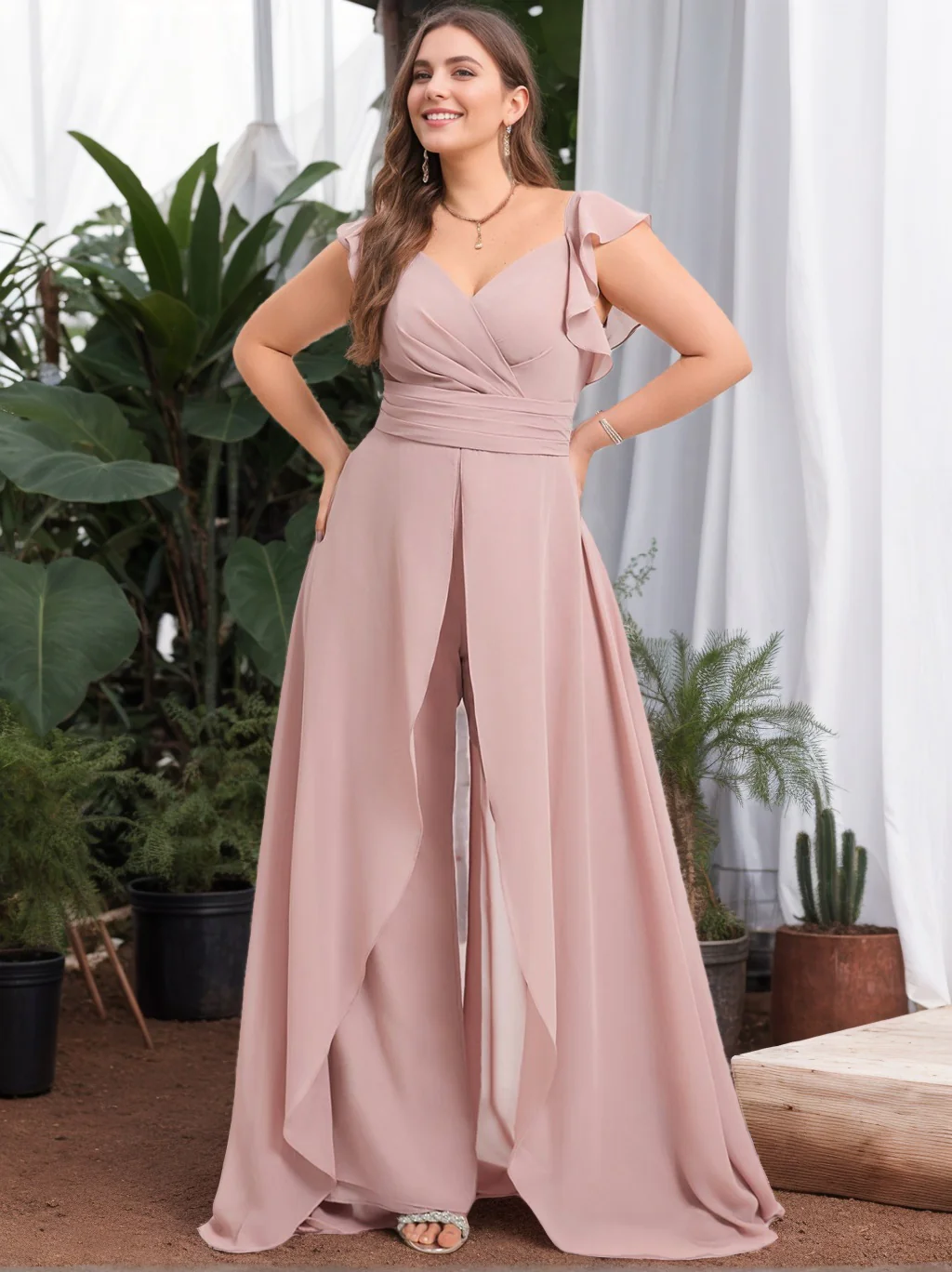 Pantsuit/Jumpsuit V-Neck Sleeveless Floor-Length Chiffon Plus Size Bridesmaid Dresses with Ruffles - QUGEX