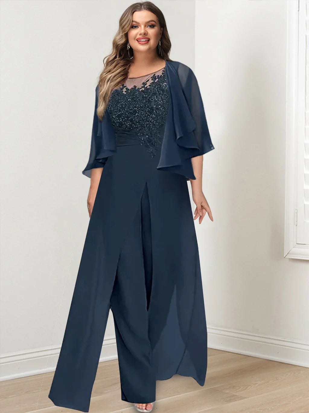 A-Line/Princess Scoop Floor-Length Plus Size Mother of the Bride Jumpsuits with Jacket, Split Side & Appliques - QUGEX