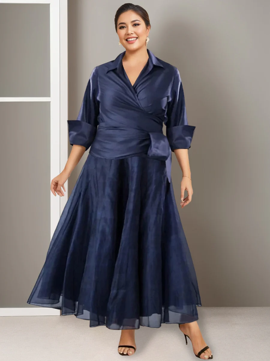 A-Line/Princess V-Neck Half Sleeves Ankle Length Plus Size Ruched Mother of the Bride Dresses - QUGEX
