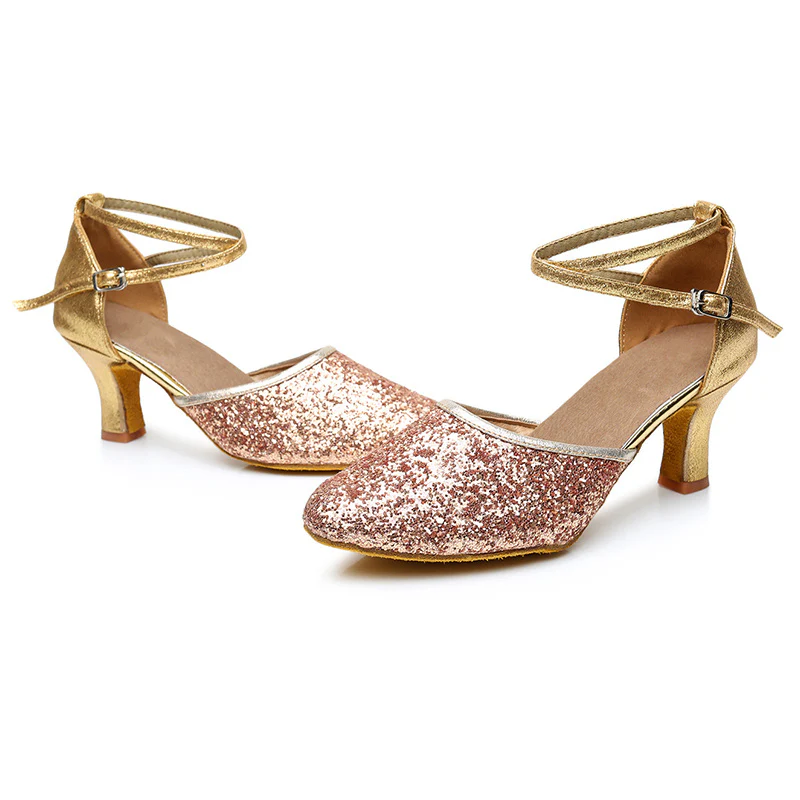 Women's Dancewear Shoes Ankle Strap Heel Round Toe Glitter Latin Shoes - QUGEX