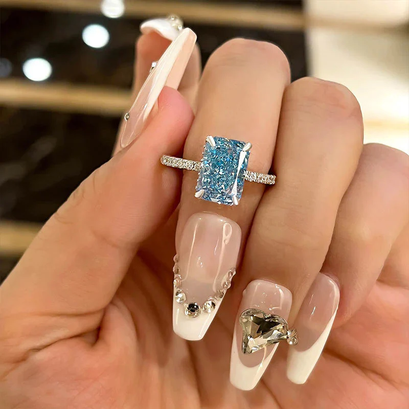 White Gold Sterling Silver Radiant Cut Light Aquamarine Blue Women's Ring Valentine's Day Engagement Wedding Jewelry - QUGEX