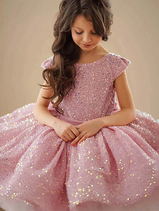 A-Line/Princess Sequins Flower Girl Dresses with Bowknot - QUGEX