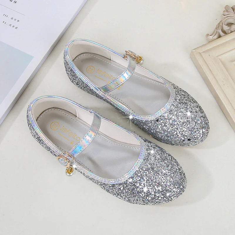 Sparkling Sequins Low Heel Round Toe Minimalist Girl's Shoes with Buckle & Pearl - QUGEX