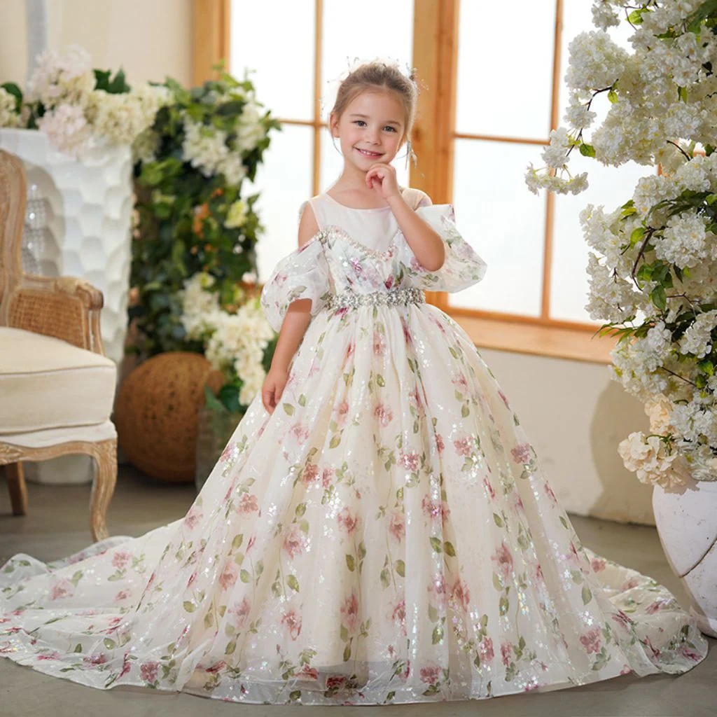 Off-the-Shoulder Rhinestone Belt Princess Flower Girl Party Dresses with Train - QUGEX