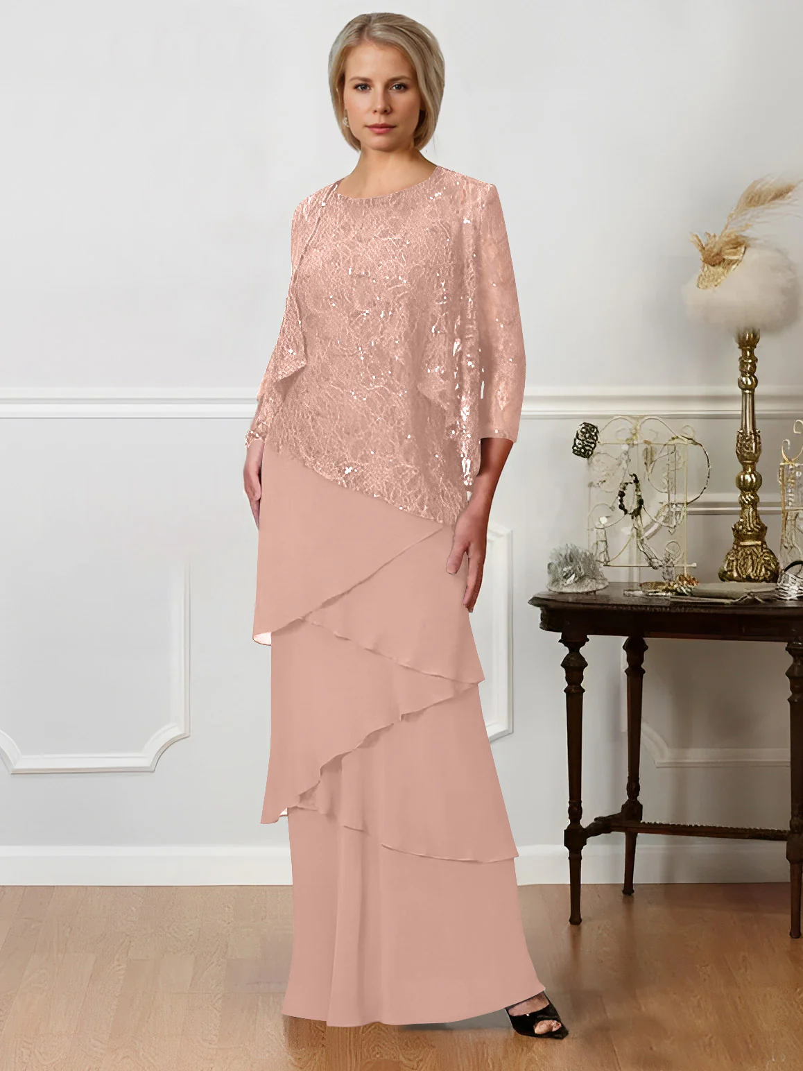 A-Line/Princess Jewel Neck Floor-Length Mother of the Bride Dresses - QUGEX